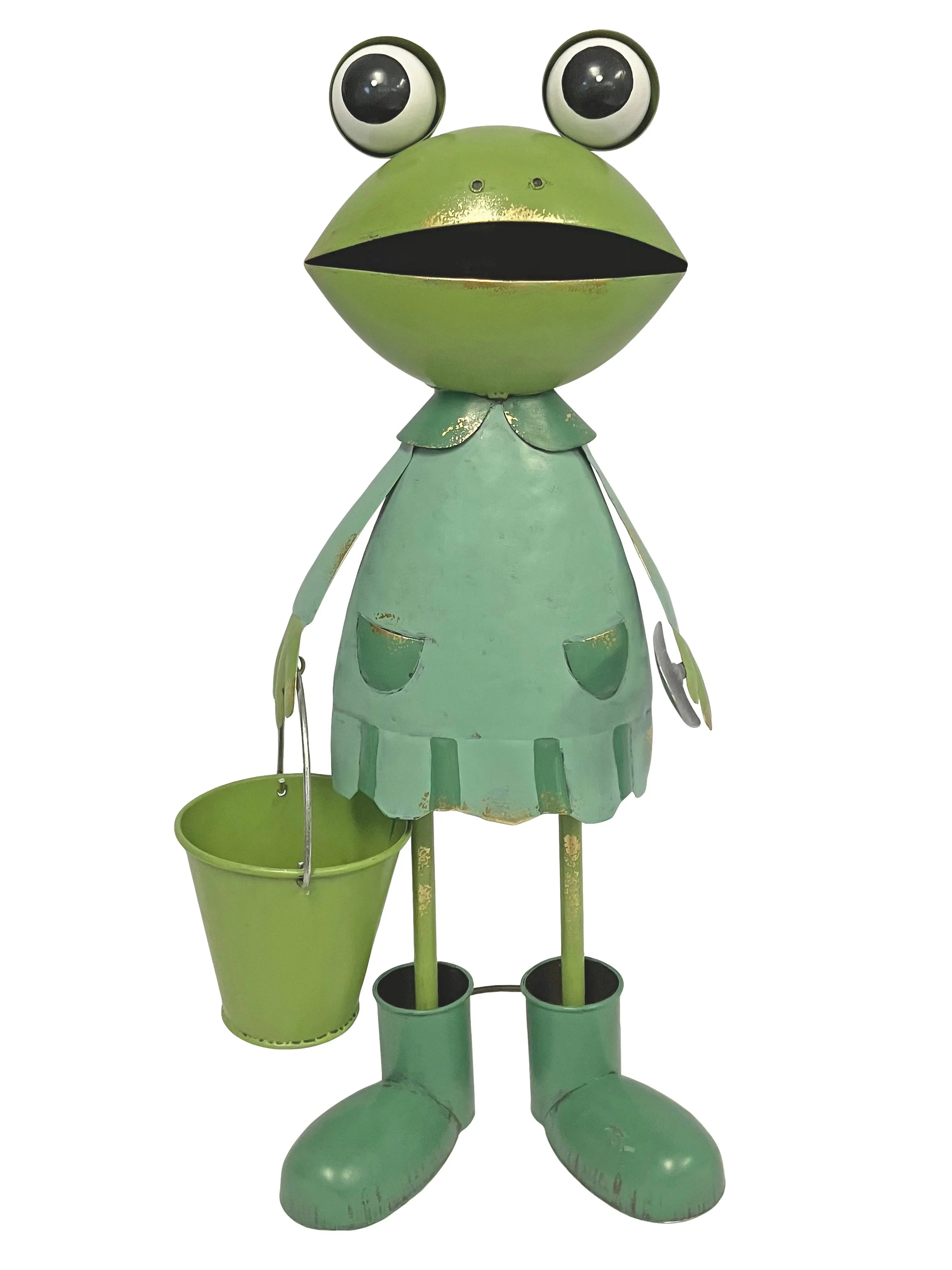 Green Metal Frog Statue Holding Bucket Continental Art Center