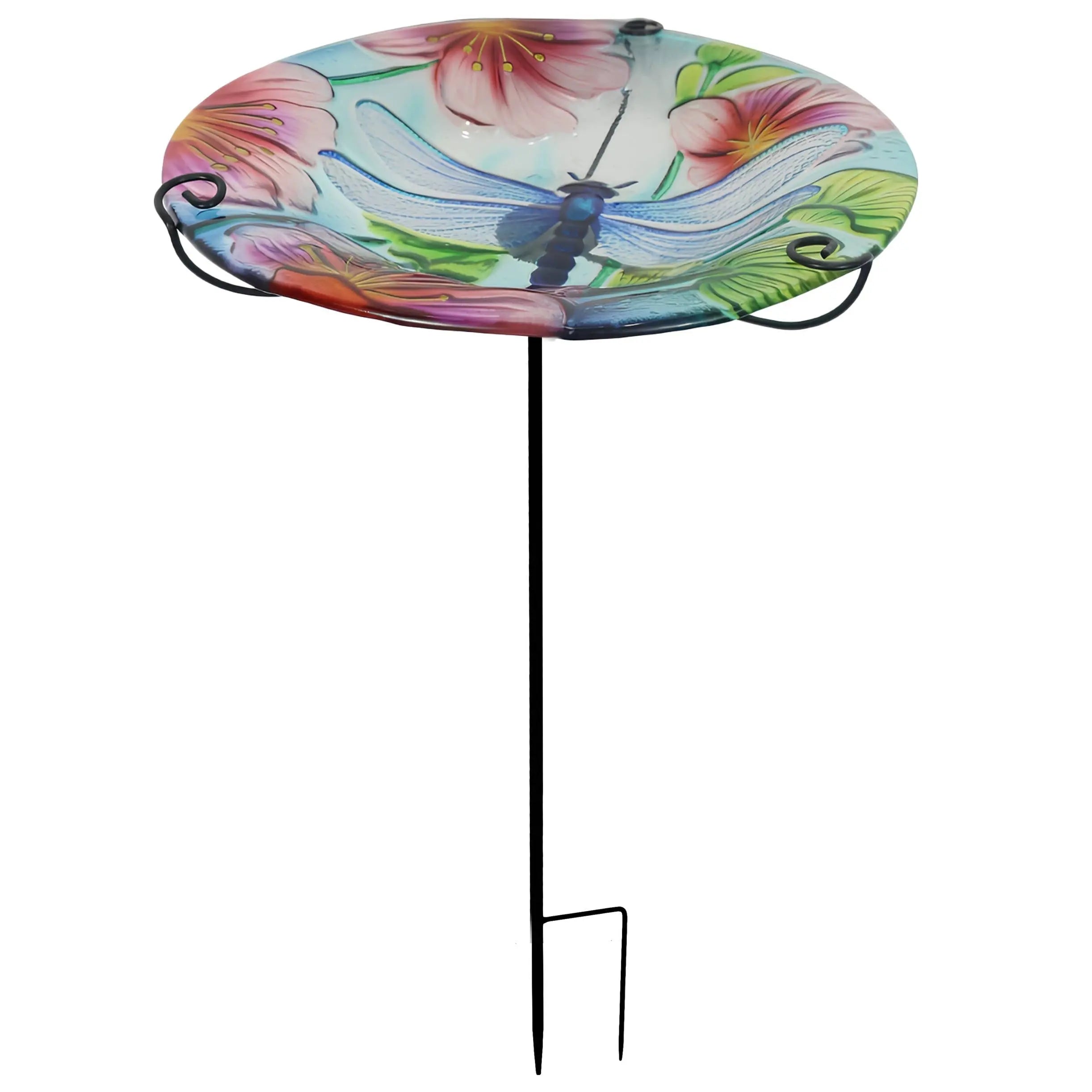 Dragonfly Pattern Glass Bird Bath Garden Stake Continental Art Center